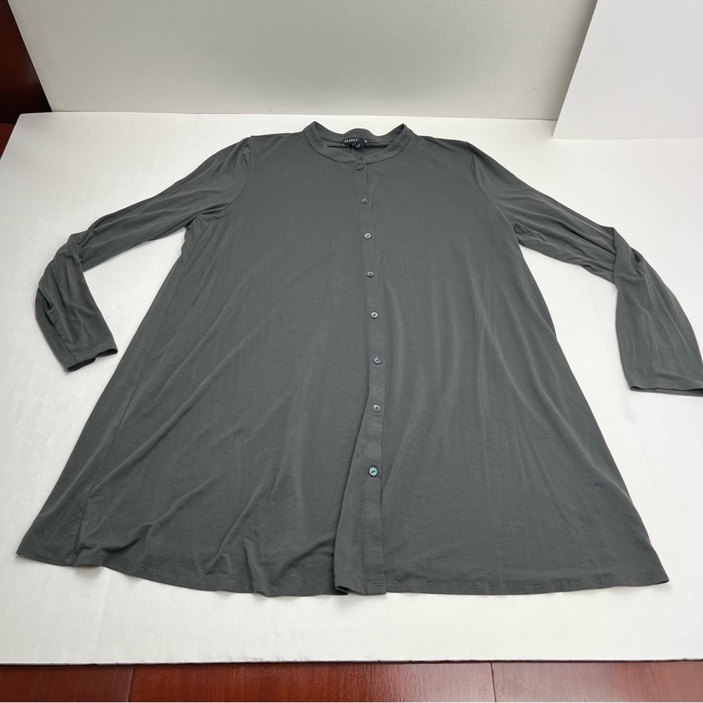 Eileen Fisher Womens SZ Large Grey Gray Long Sleeve Dress Tunic Top Button Front